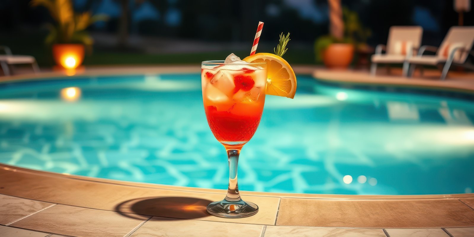 Refreshing tropical cocktail served by the illuminated pool at night in a serene vacation resort setting